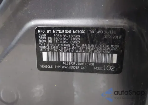 2019 Mitsubishi Mirage G4 Es z USA, uszkodzony, nr VIN ML32F3FJ1KHF15706